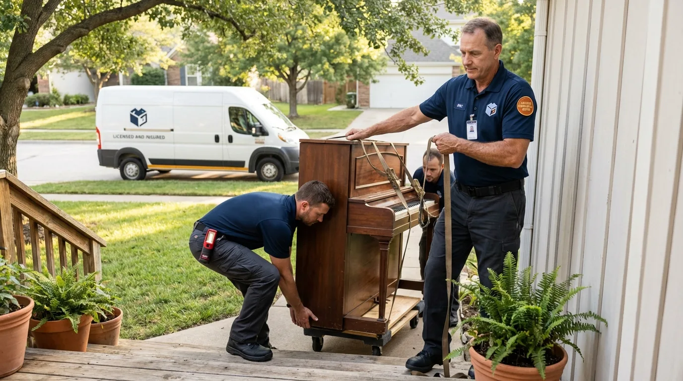 Licensed piano movers securing grand piano in Coloma, MI