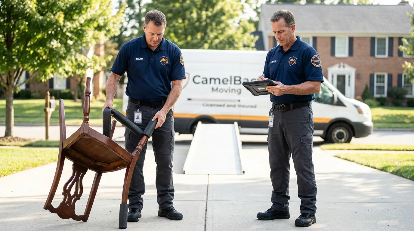 Movers inspecting furniture for damage prevention before loading in Coloma, MI