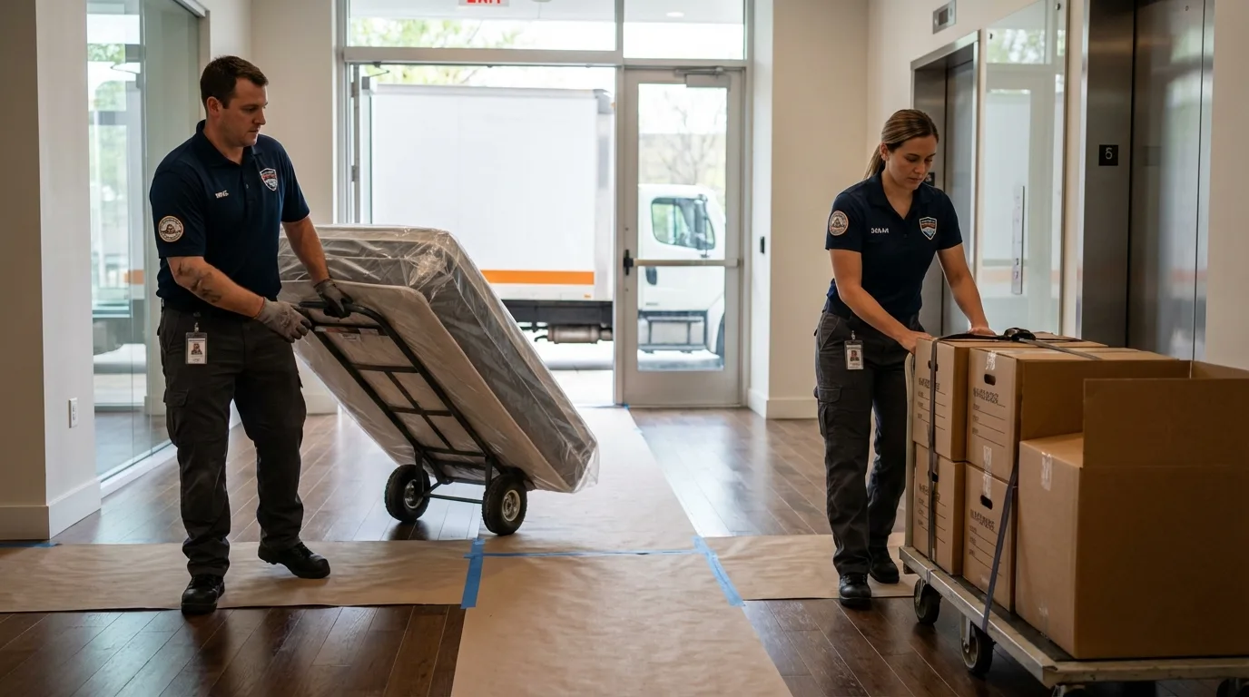 Professional apartment movers loading elevator in Coloma, MI