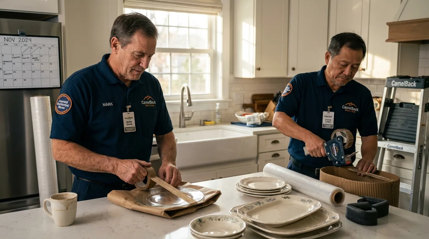 Professional crew packing kitchen dishware in Coloma, MI